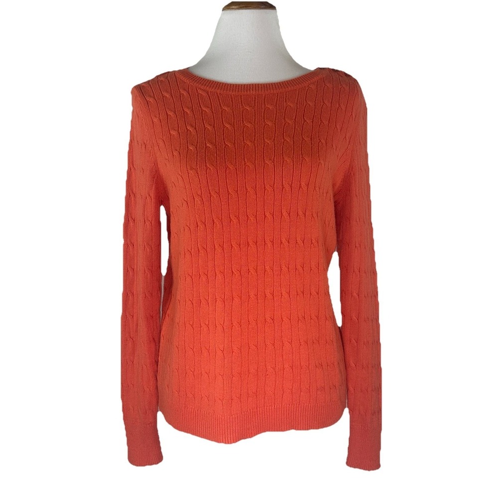 Talbots Lambswool Cable Knit Pullover Sweater Button Shoulder Orange Petites‎ L